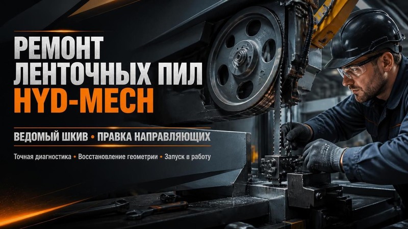 Ремонт ленточных пил Hyd-Mech: ведомый шкив, правка направляющих