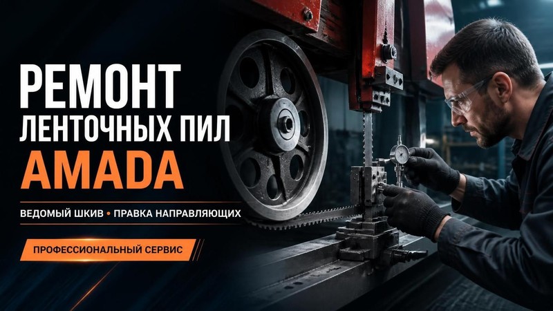 Ремонт ленточных пил Amada: ведомый шкив, правка направляющих