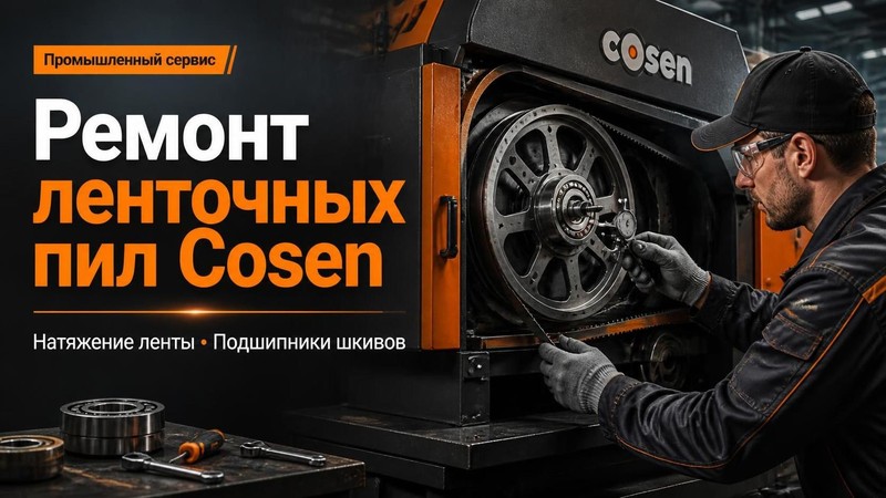 Ремонт ленточных пил Cosen: натяжение ленты, подшипники шкивов
