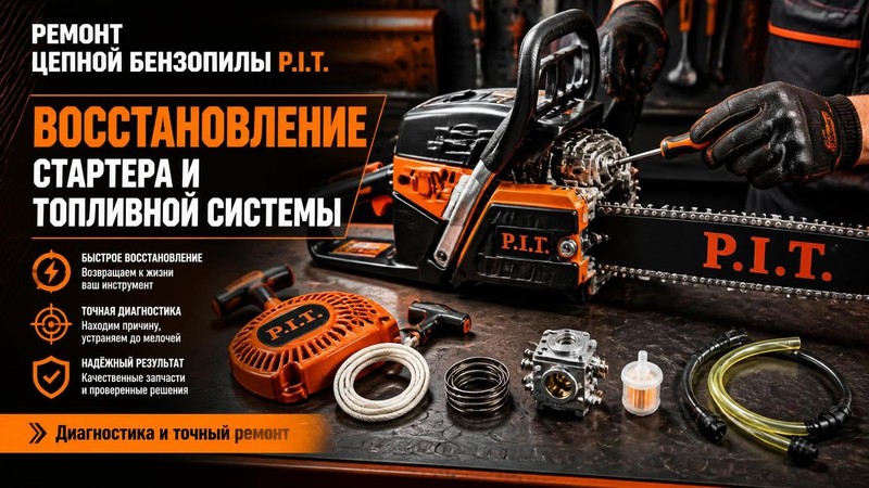 Ремонт цепной бензопилы P.I.T.: восстановление стартера и топливной системы