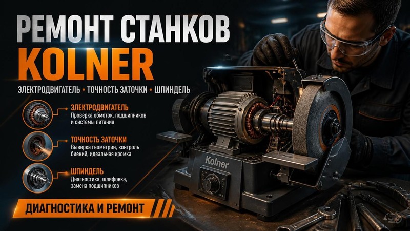 Ремонт станков для заточки Kolner: электродвигатель, точность заточки, шпиндель