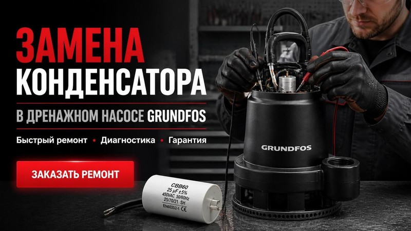 Замена конденсатора в дренажном насосе Grundfos