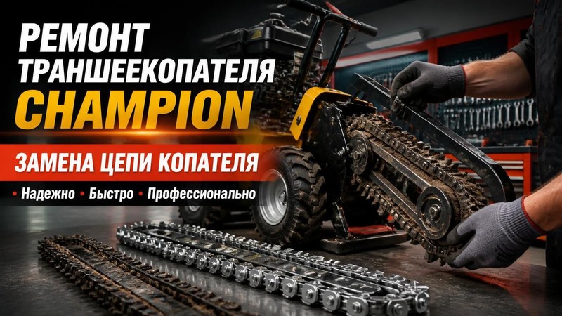 Ремонт траншеекопателя CHAMPION: замена цепи копателя