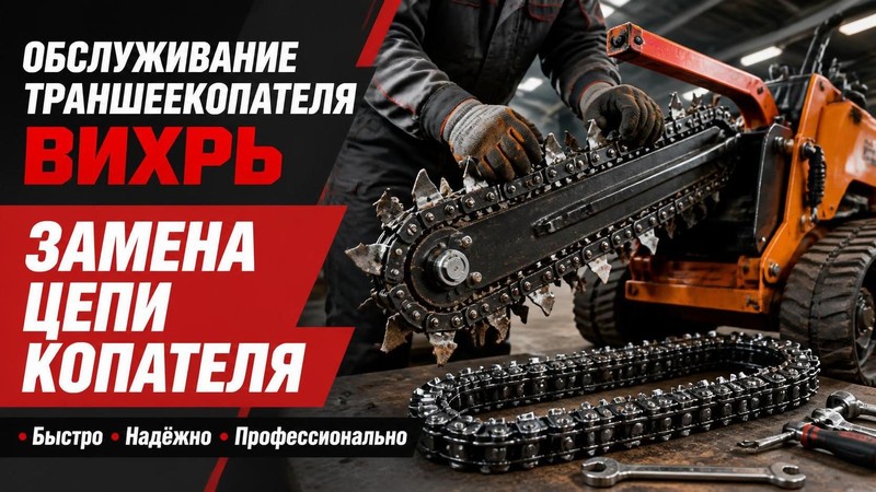 Обслуживание траншеекопателя ВИХРЬ: замена цепи копателя
